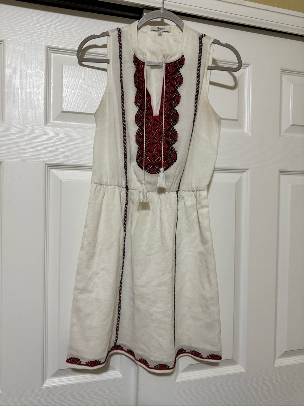 Madewell women’s White Embroidered Tassel Dress with Red Accents